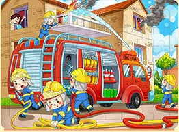 A red van is shown with several children playing and interacting with a yellow rope on the ground.