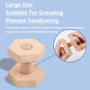 A wooden screw and nut building block is shown with a magnified view of fingers grasping the pieces.