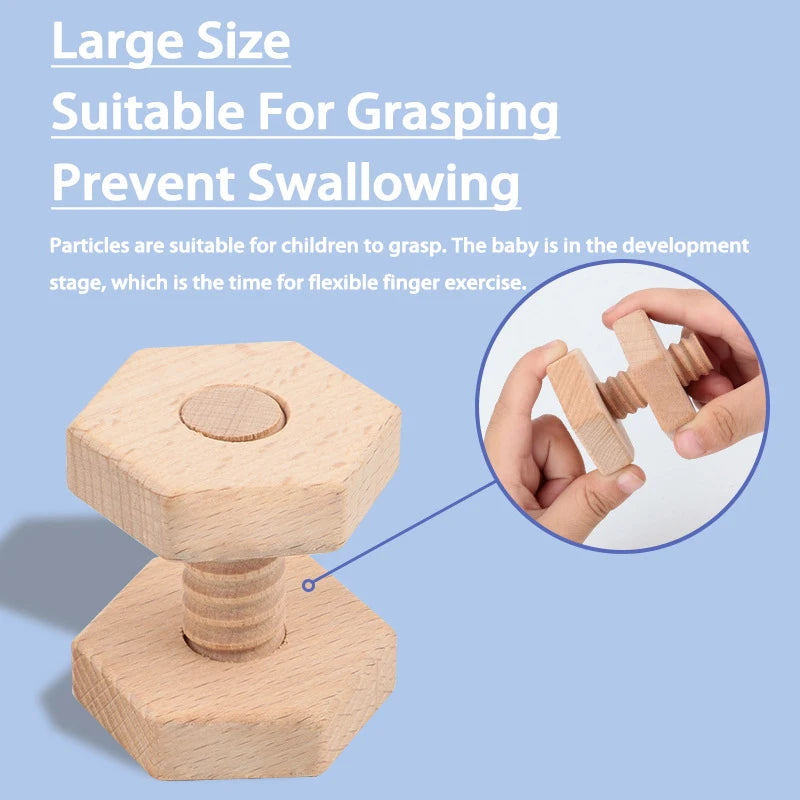 A wooden screw and nut building block is shown with a magnified view of fingers grasping the pieces.