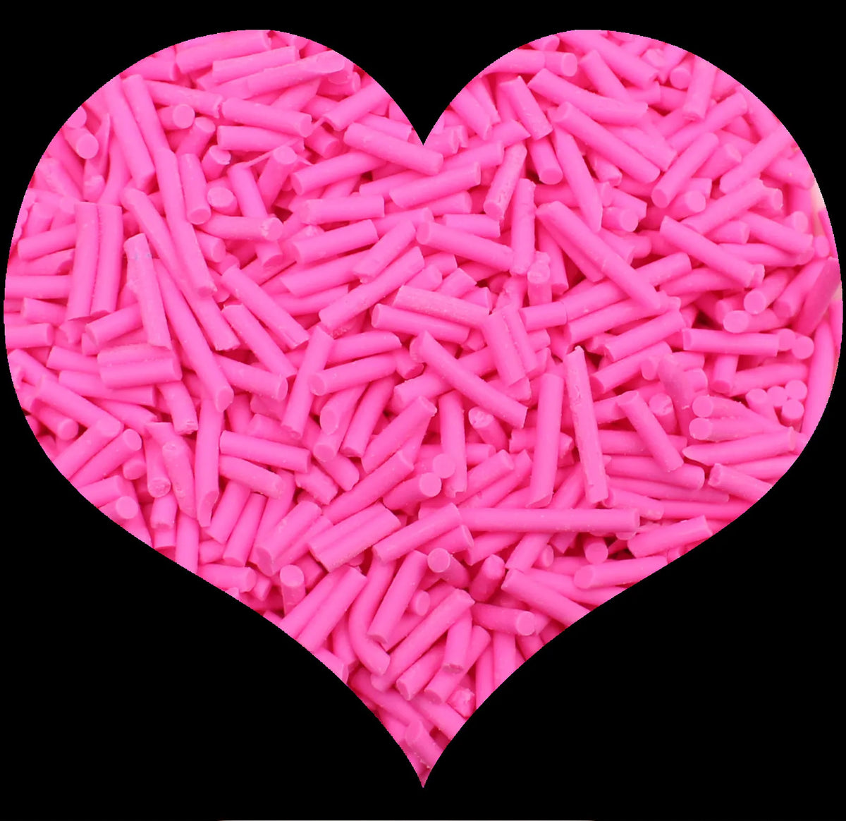 A heart shape filled with pink cylindrical polymer clay candy sprinkles for cake decorating