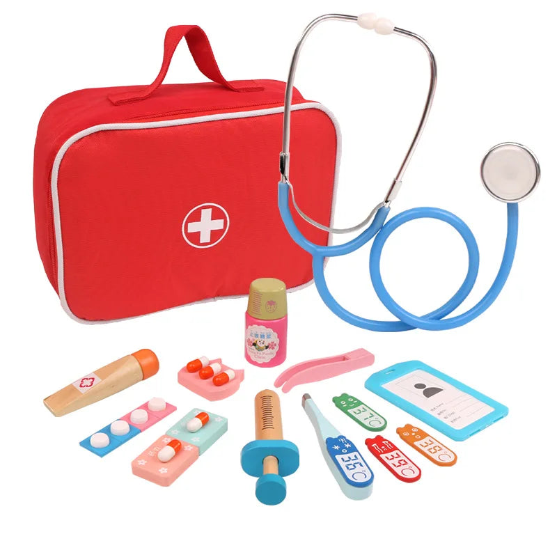 A red medical kit for pretend play including a stethoscope, thermometer, and various medical tools.