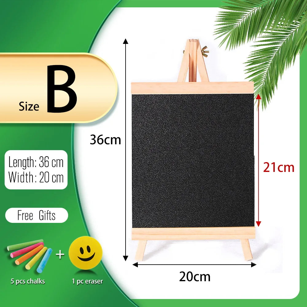 A wooden chalkboard easel with a black board, featuring 5 chalks and an eraser as free gifts.