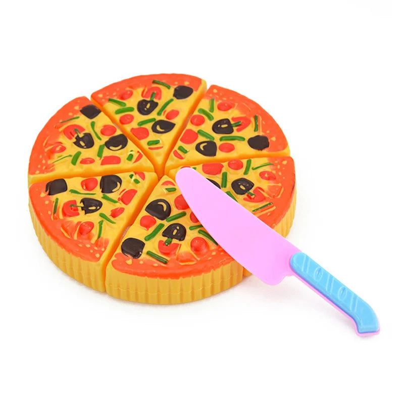 A round pizza toy set divided into slices, featuring colorful toppings and a pink plastic knife.
