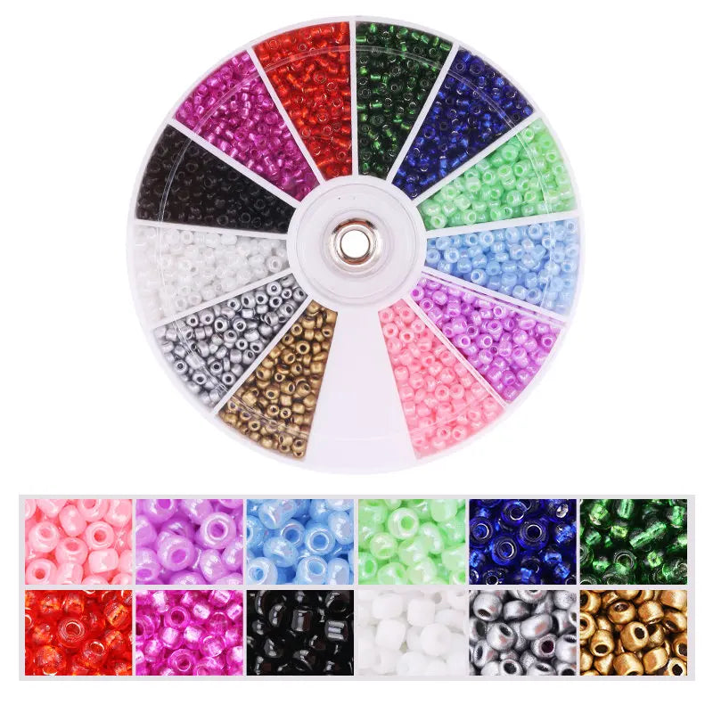 A circular display of 12 colors of glass seed beads for DIY jewelry making kit.