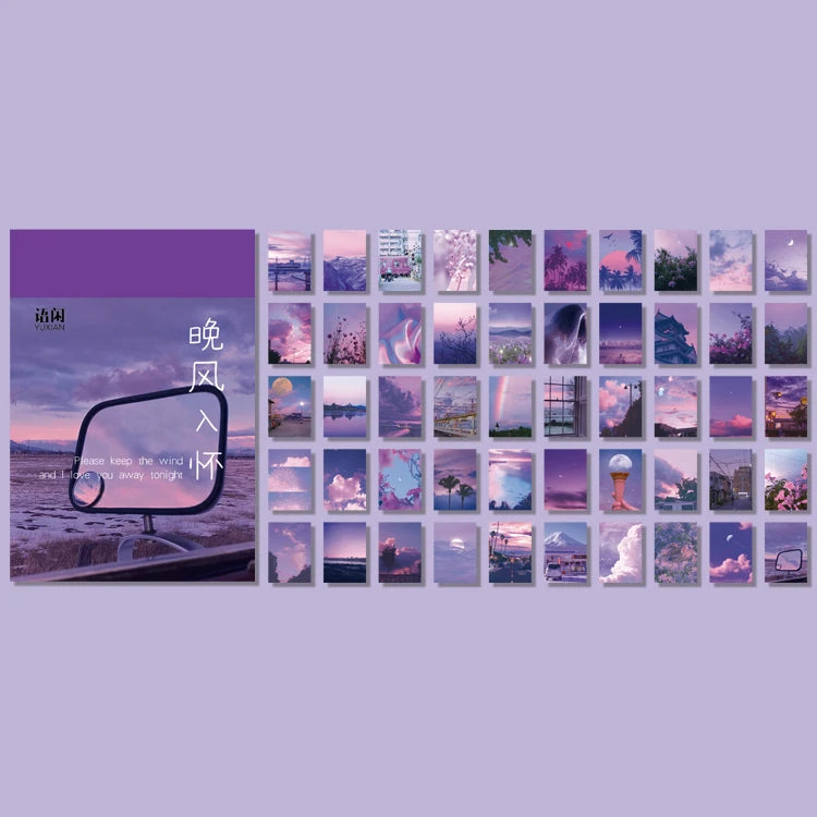 A collection of 50 aesthetic landscape and nature designs in various colors and styles for a sticker book.