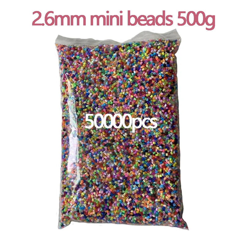 A clear bag filled with 50,000 small, colorful 2.6mm mini beads.