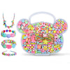 A clear plastic container filled with assorted colorful acrylic beads for making bracelets and jewelry.