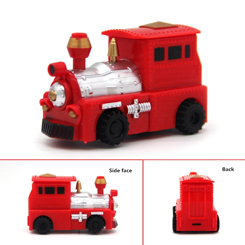 A red line-following robot car toy with a silver body and a pen attachment shown from the side and back.