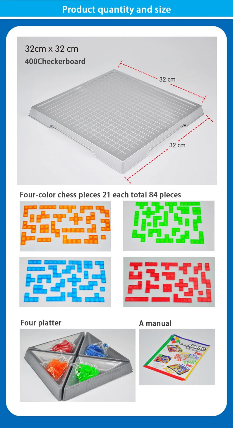 A set of 84 four-color chess pieces and a checkerboard board for a strategy game
