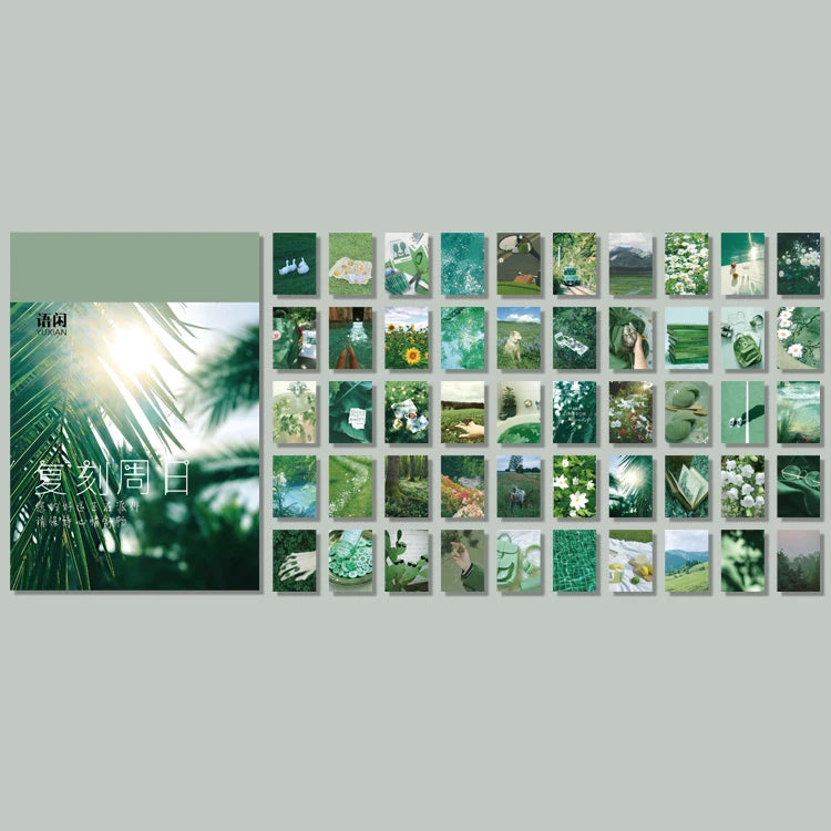 A collection of 50 aesthetic landscape stickers featuring various nature and art designs for scrapbooking.