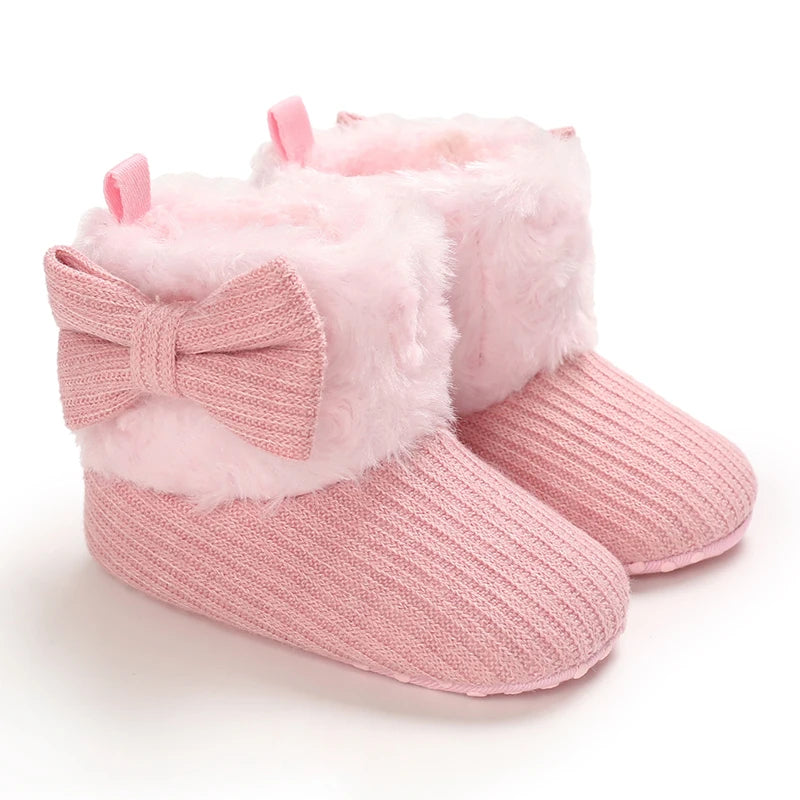 Pink plush baby snow boots for girls and boys with anti-slip soles
