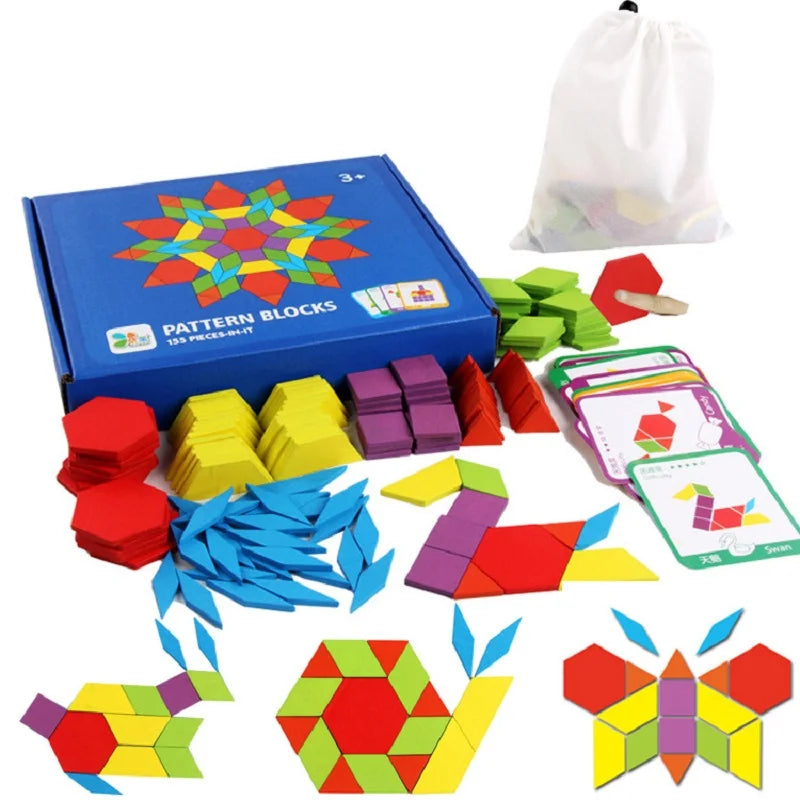 Wooden Pattern Blocks Set – 155-Piece Educational Shape Puzzle for Kids