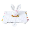 White plush bunny security toy with ears and a teether attached