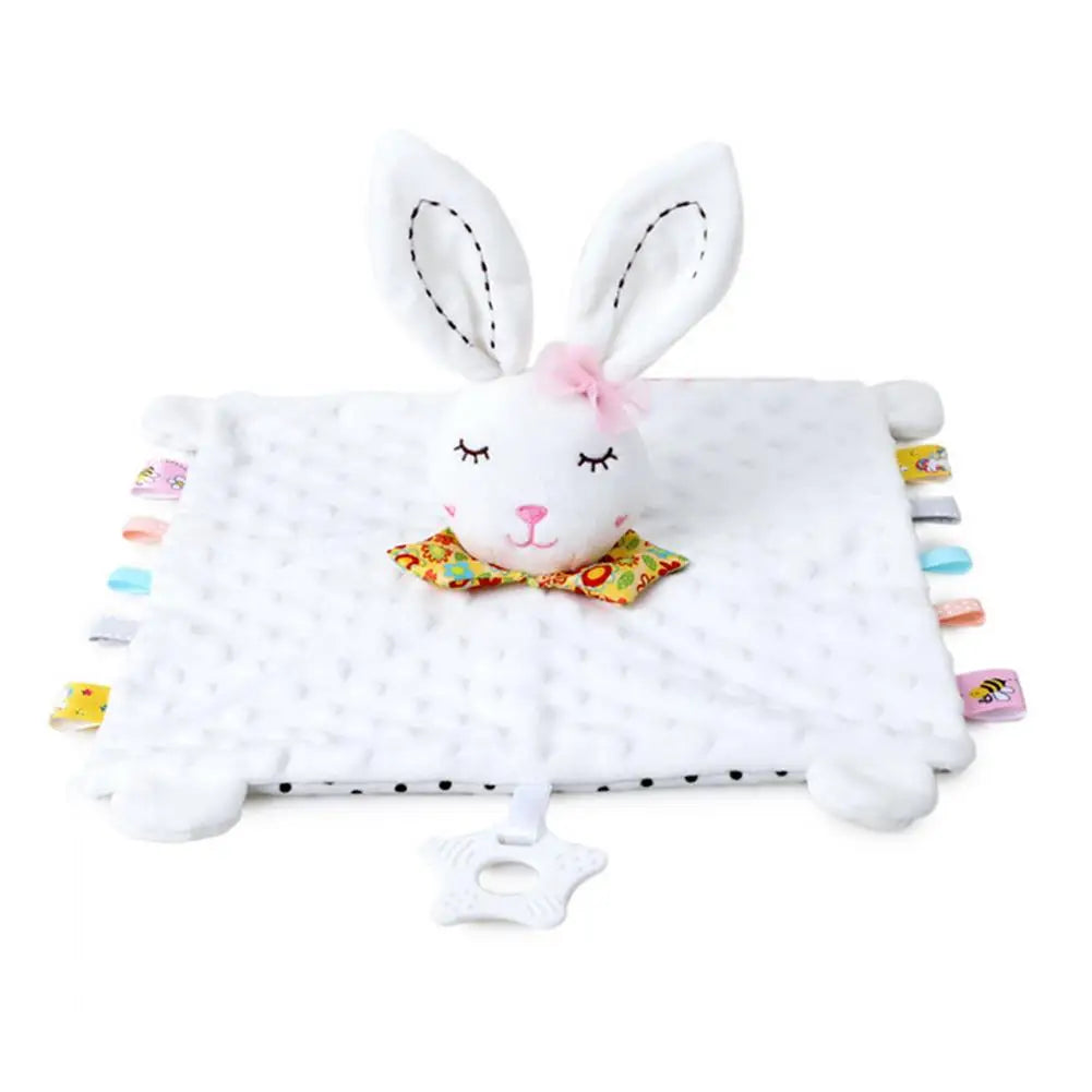 White plush bunny security toy with ears and a teether attached