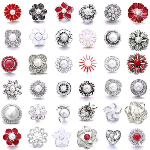 A collection of various adjustable metal snap button charm bracelets featuring different designs and stones.