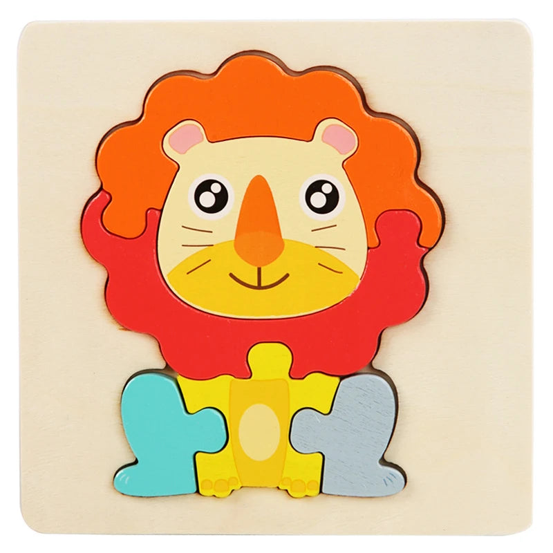 A wooden puzzle depicting a cartoon lion face with an orange mane and yellow features.