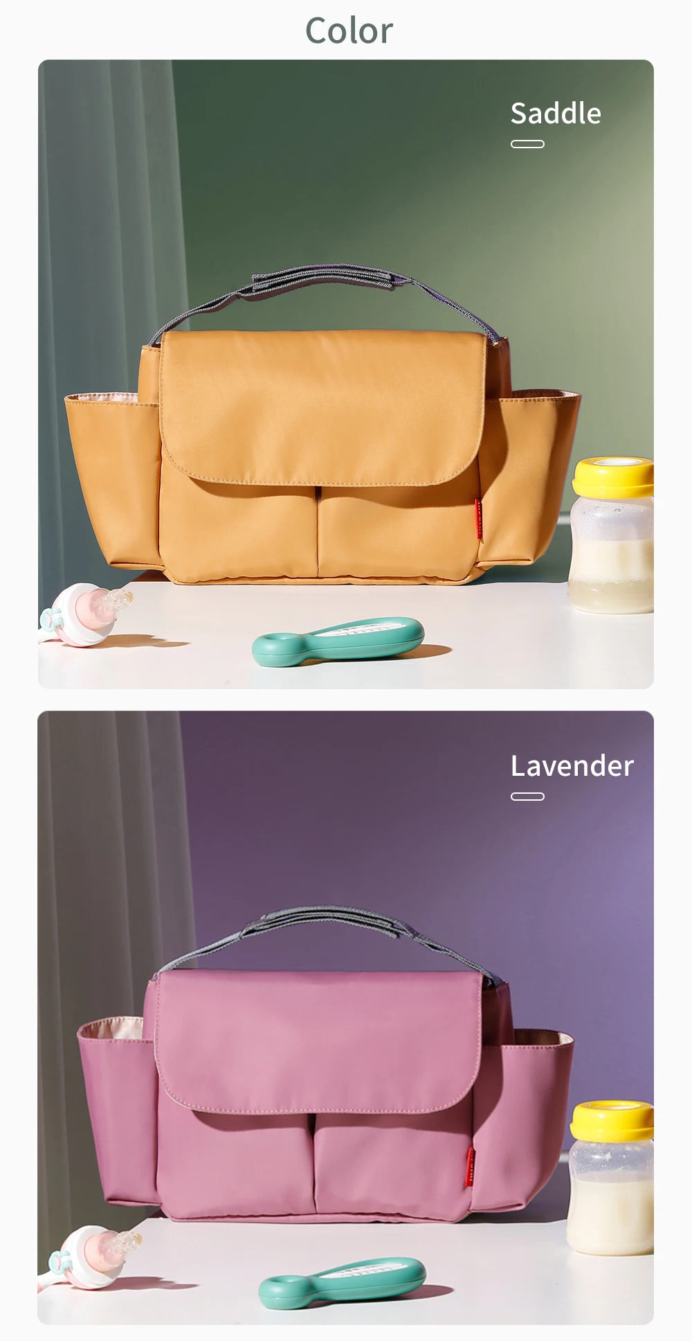 A tan saddle-colored bottle holder and cup organizer shown next to a lavender colored version.