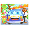 A jigsaw puzzle featuring cartoon animals and a police car in a colorful outdoor setting.