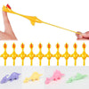 Various colors of stretchy rubber chicken slingshot fidget toys shown in hand and isolated.