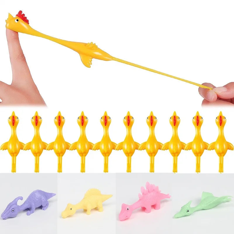 Various colors of stretchy rubber chicken slingshot fidget toys shown in hand and isolated.