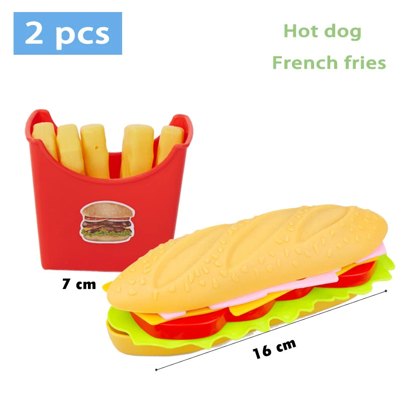 A set of two pretend food items, including a hot dog and french fries, for kids play.
