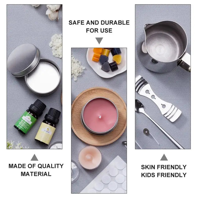 A complete candle making kit showing a pouring pot, wicks, and fixator alongside finished candles and materials.