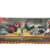 A box of Dinotrux dinosaur truck toys featuring removable dinosaur figures and a construction vs destruction theme.