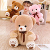 A close-up of a tan plush teddy bear with brown accents sitting on a wooden floor.