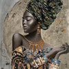 A portrait of a woman wearing a patterned headwrap and jewelry, painted in a detailed mosaic style.