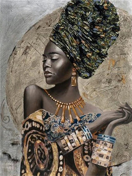 A portrait of a woman wearing a patterned headwrap and jewelry, painted in a detailed mosaic style.
