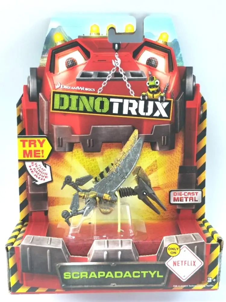 A box of Dinotrux toy featuring a dinosaur truck and removable dinosaur figures.