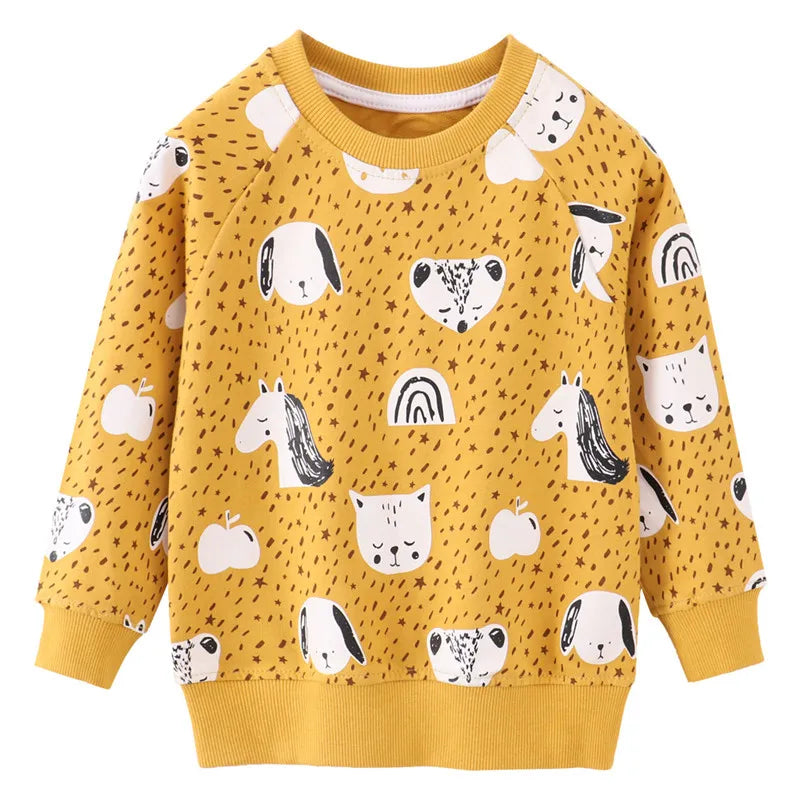 Yellow kids pullover sweatshirt with a dinosaur print pattern.