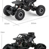A black 4WD remote control stunt car off-road crawler truck shown with dimension lines.