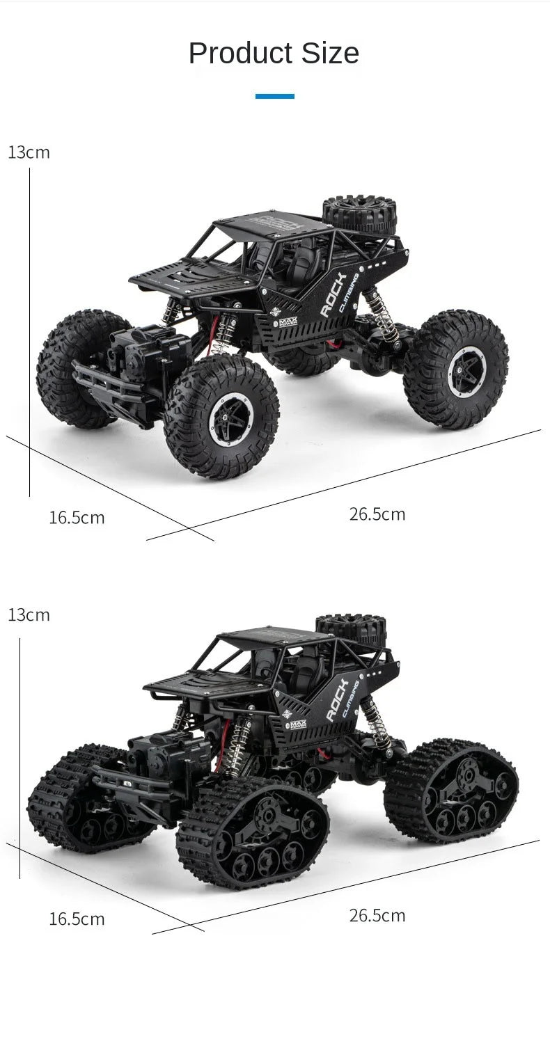 A black 4WD remote control stunt car off-road crawler truck shown with dimension lines.