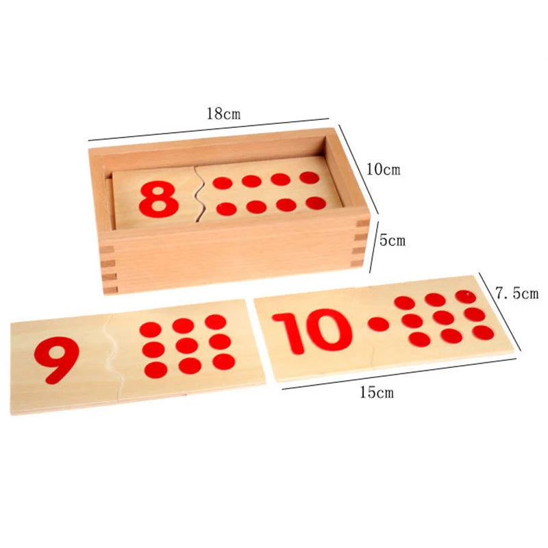 Wooden Montessori math learning set featuring a spindle box and geometric number cards 8, 9, and 10