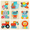 A set of wooden puzzles featuring various cartoon animals like a giraffe, elephant, owl, panda, and lion.