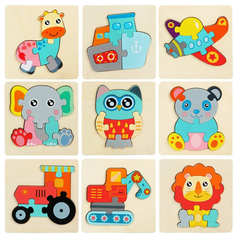 A set of wooden puzzles featuring various cartoon animals like a giraffe, elephant, owl, panda, and lion.