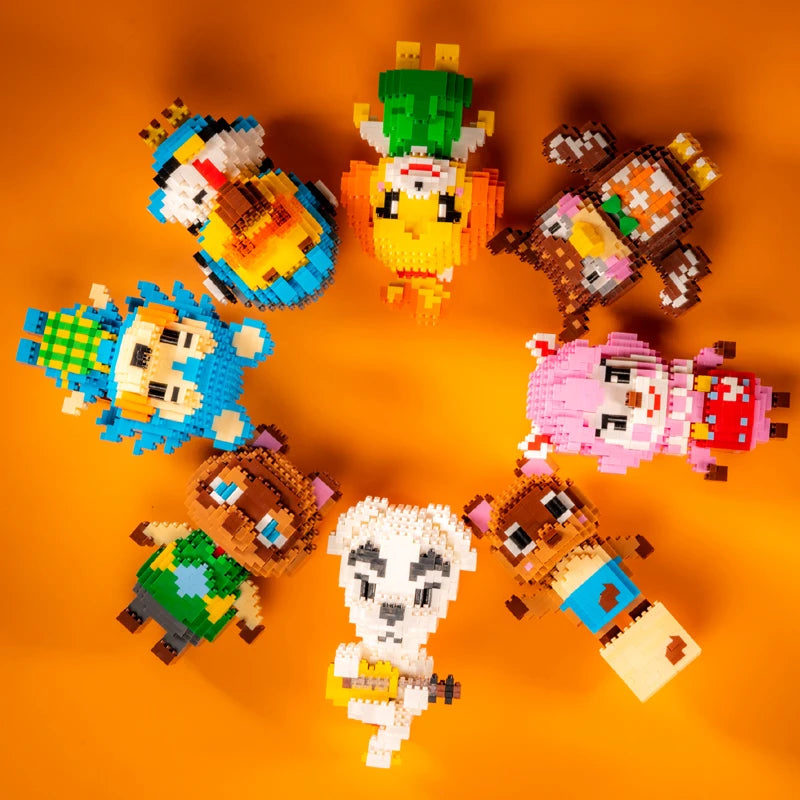 A collection of colorful animal figures made from building blocks arranged in a circle.