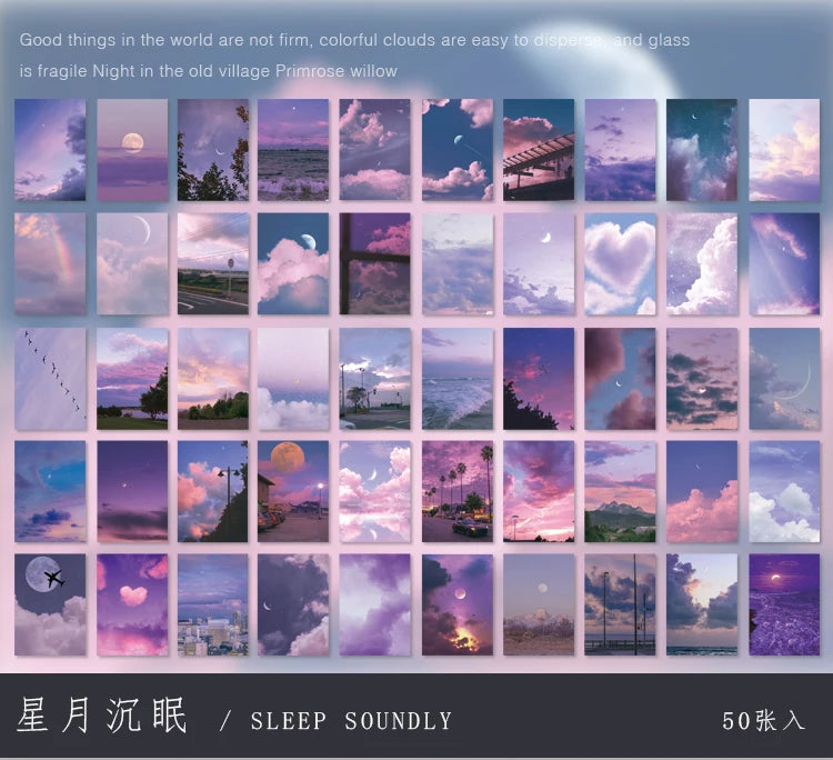 A collection of aesthetic landscape stickers featuring soft colors, clouds, and nature scenes for scrapbooking.