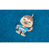 A Lego minifigure of a brown animal with blue clothing standing on a blue textured surface.