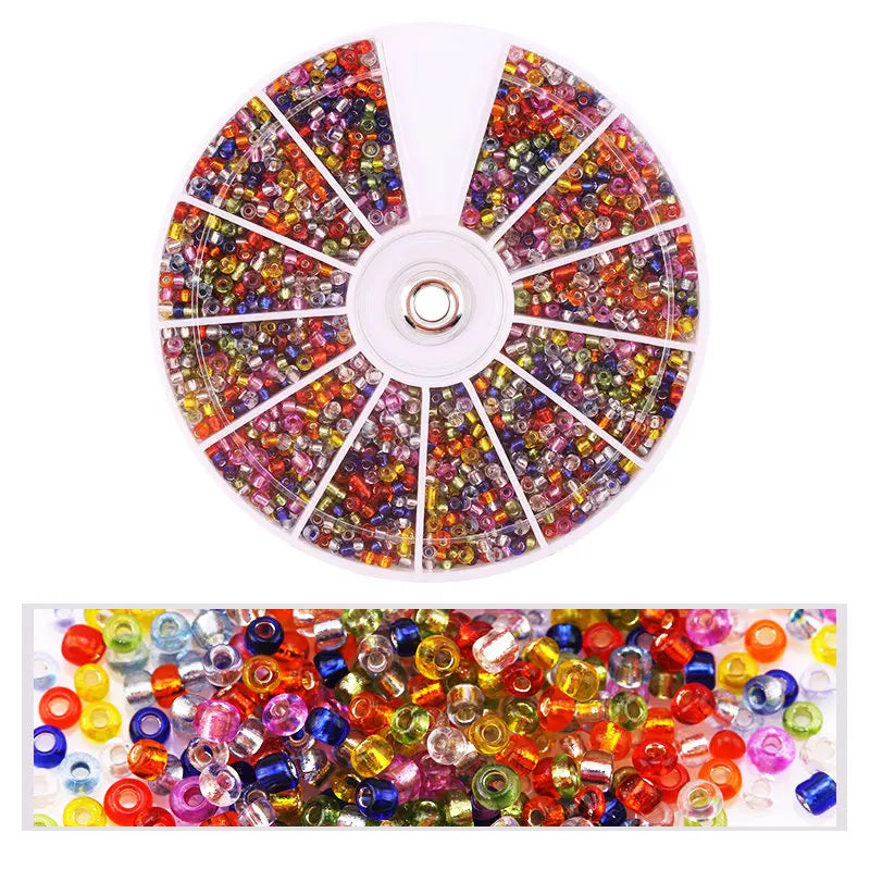 A circular kit of 12-color glass seed beads for DIY jewelry making, showing various shades of red, green, blue, and purple.
