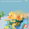 A yellow duck electric tricycle is shown moving forward, with a red arrow indicating movement.