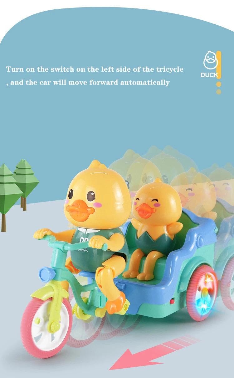 A yellow duck electric tricycle is shown moving forward, with a red arrow indicating movement.