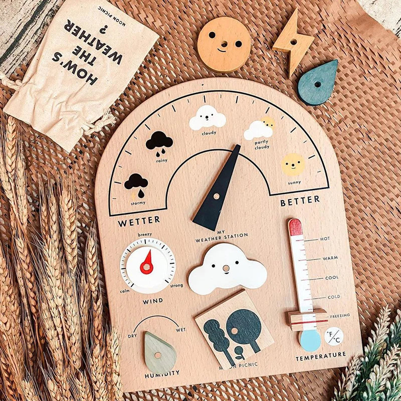 A wooden daily calendar for kids showing weather symbols, temperature, and wind direction.