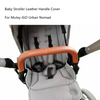Leather handle cover for a baby stroller, showing the protective grip on the handlebar.