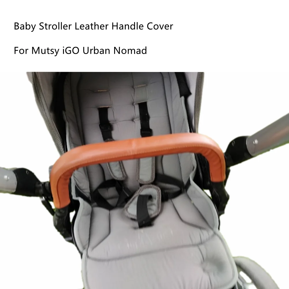 Leather handle cover for a baby stroller, showing the protective grip on the handlebar.
