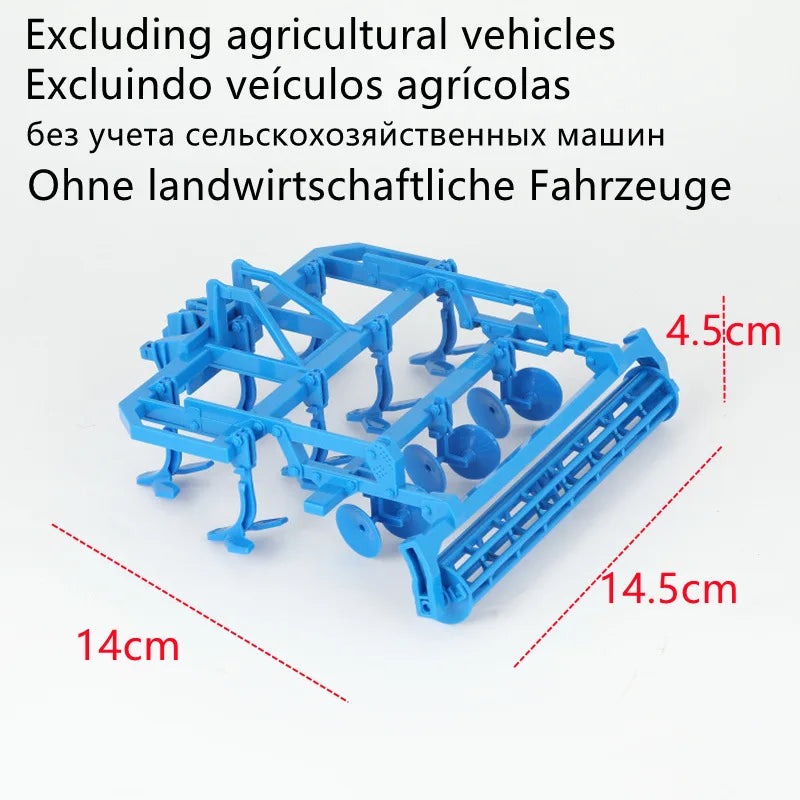 Blue plastic agricultural vehicle model with a trailer and lights