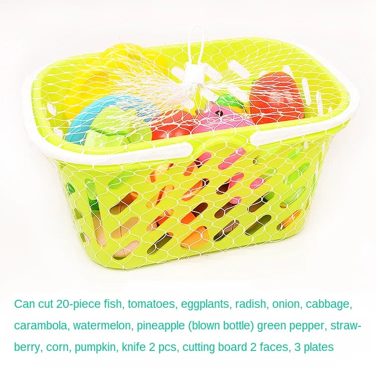 A yellow plastic cutting board filled with pretend play food like fish, tomatoes, and vegetables for children.