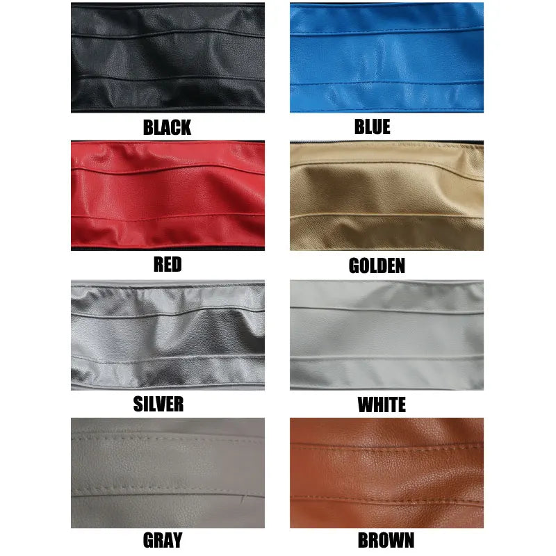 A collection of black, blue, red, golden, silver, white, gray, and brown leather stroller handle covers.