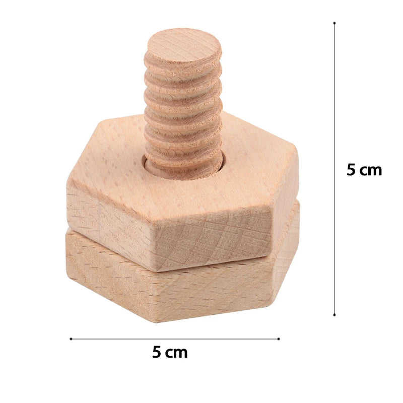 A light wood screw and nut building block set with a wooden base and a threaded post.
